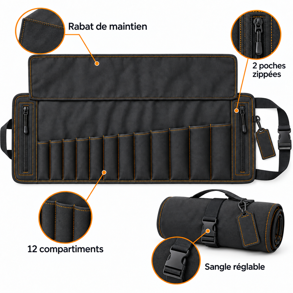 Trousse à outils enroulable à 12 compartiments