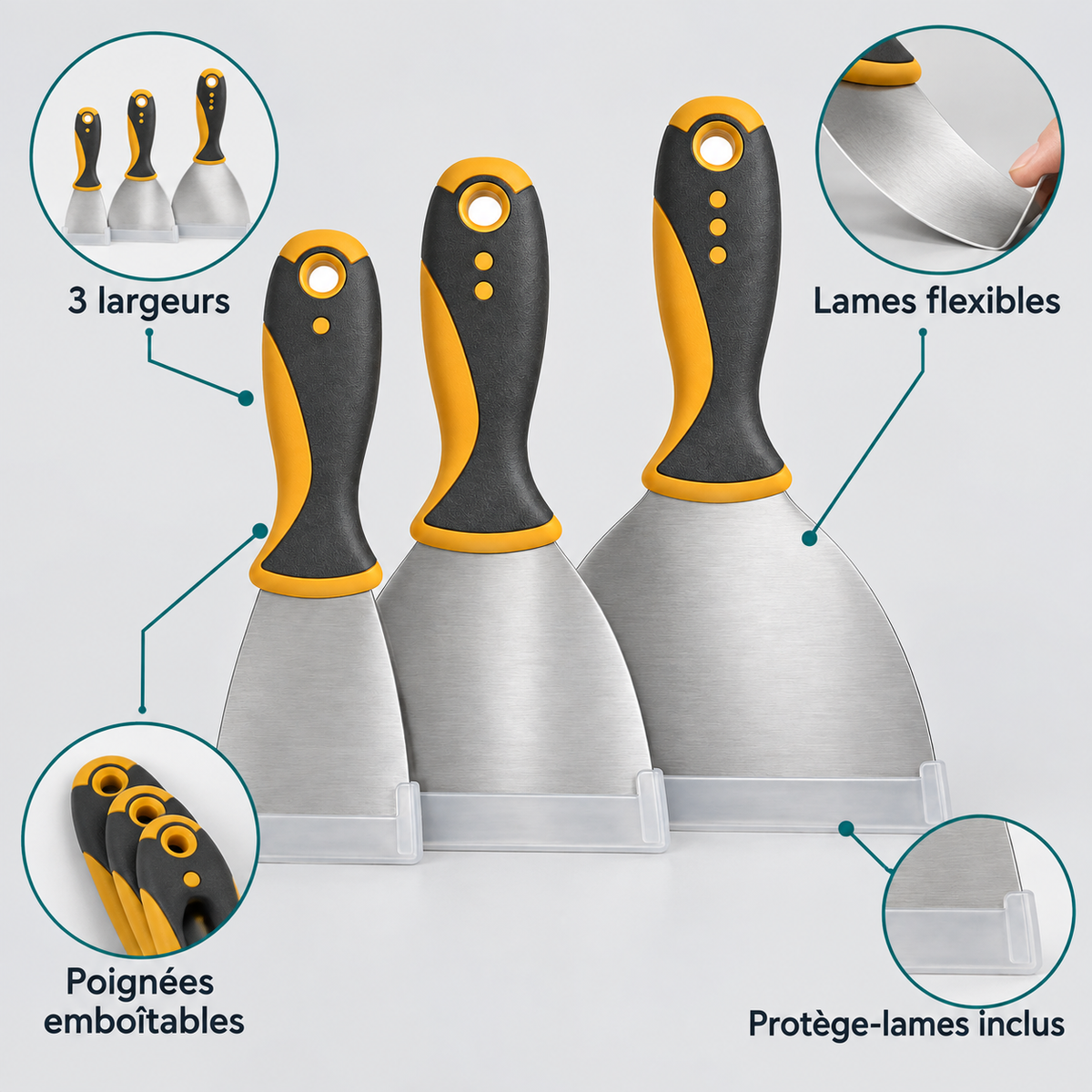 Lot de 3 couteaux à enduire avec lames flexibles